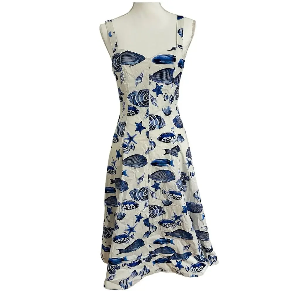Avec Les Filles Marina Dress Midi Fish Ocean Print Blue White Size 6 - Picture 12 of 14